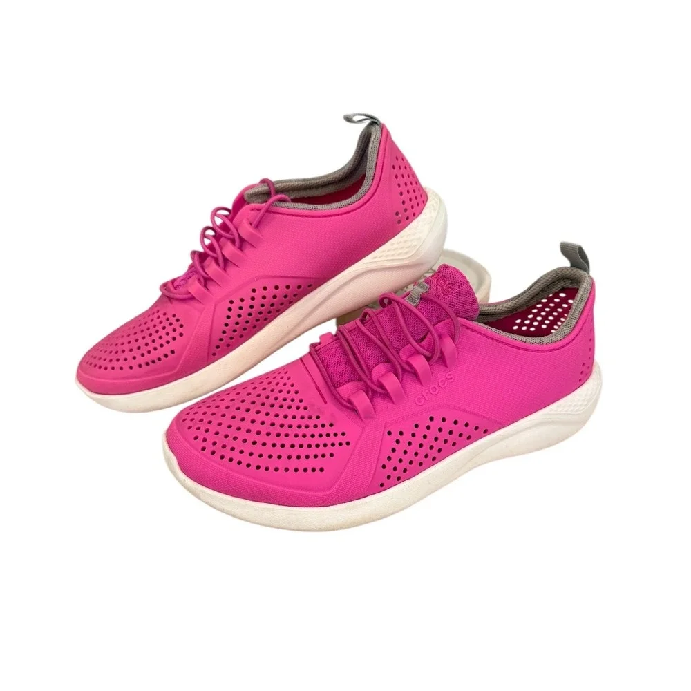 Crocs LiteRide Pacer Kids Shoes‎ J4 Electric Pink Perforated Sneakers 206011